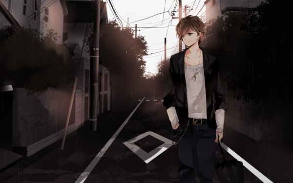 Anime picture 1280x800 with original hatsuko single short hair brown hair wide image brown eyes sky looking back open clothes open jacket rain hand in pocket walking hands in pockets sad street closed umbrella boy plant (plants)