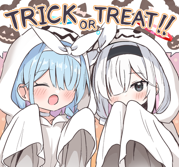 Anime picture 1573x1470 with blue archive arona (blue archive) plana (blue archive) hachikari (hachi karintou) long hair fringe short hair open mouth multiple girls blue hair silver hair upper body eyes closed black eyes hair over one eye halloween trick or treat girl 2 girls halo