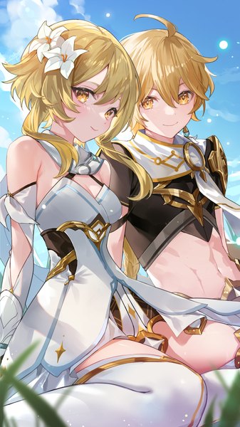 Anime picture 864x1536 with genshin impact lumine (genshin impact) aether (genshin impact) nima (niru54) long hair tall image looking at viewer fringe short hair blonde hair smile hair between eyes sitting yellow eyes sky cloud (clouds) ahoge outdoors hair flower midriff
