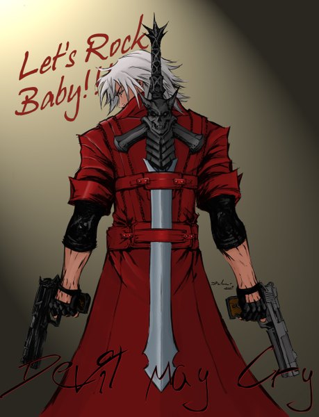 Anime picture 1950x2550 with devil may cry dante (devil may cry) dante424325 single tall image highres short hair blue eyes simple background white hair looking back inscription grey background shadow twisty sleeves boy gloves weapon sword gun