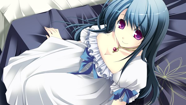 Anime picture 1280x720 with end sleep single long hair looking at viewer black hair smile wide image sitting purple eyes game cg girl dress pendant bed