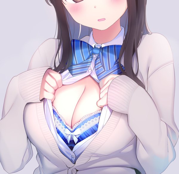 Anime picture 1000x972 with original chikuwa. single long hair breasts open mouth light erotic black hair simple background large breasts cleavage upper body long sleeves head tilt multicolored hair open shirt hand on chest sleeves past wrists colored inner hair head out of frame