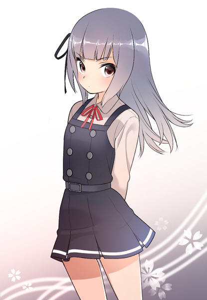 Anime picture 900x1300 with kantai collection kasumi destroyer hinya (wabi) single long hair tall image blush simple background brown eyes payot looking away blunt bangs grey hair gradient background hands behind back alternate hairstyle remodel (kantai collection) girl uniform school uniform