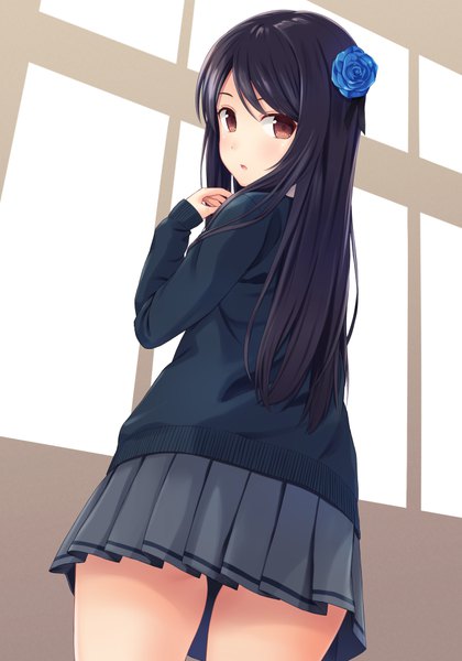 Anime picture 700x1000 with original n.g. single long hair tall image looking at viewer blush fringe open mouth black hair brown eyes long sleeves parted lips pleated skirt looking back hair flower from behind from below girl skirt