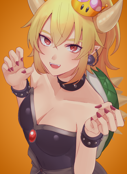 Anime picture 1024x1400 with super mario bros. new super mario bros. u deluxe bowsette monotiina single long hair tall image looking at viewer blush fringe breasts open mouth simple background hair between eyes cleavage ponytail nail polish :d horn (horns) pointy ears