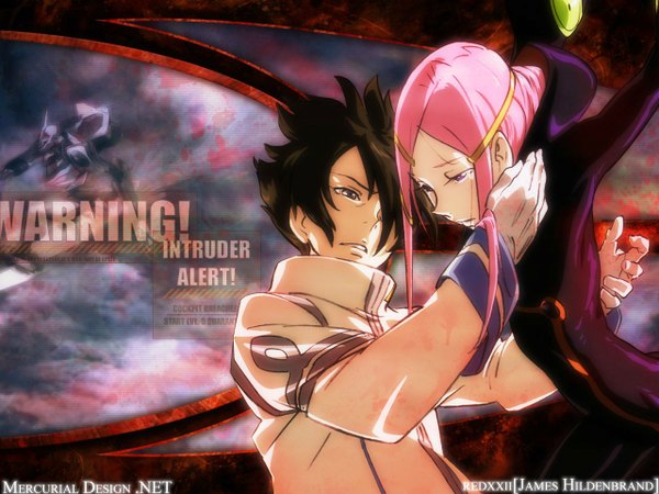 Anime picture 1280x960 with eureka seven studio bones anemone dominic sorel theend james hildenbrand (redxxii) blue eyes black hair signed pink hair wallpaper third-party edit girl boy gloves white gloves pilot suit