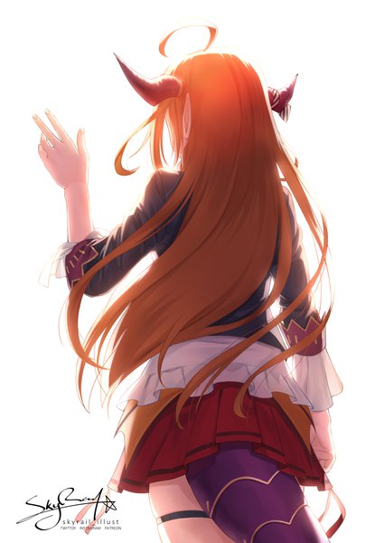 Anime picture 850x1200 with virtual youtuber hololive kiryuu coco skyrail (skynetrailgun) single long hair tall image simple background white background signed ahoge tail horn (horns) from behind orange hair dragon girl dragon tail waving girl skirt