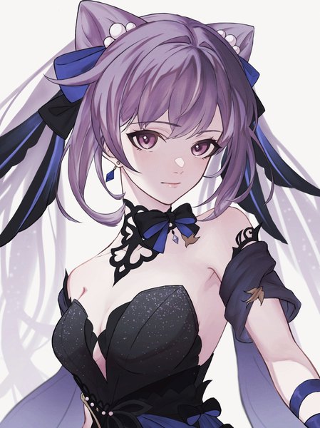 Anime picture 2244x3000 with genshin impact keqing (genshin impact) keqing (opulent splendor) (genshin impact) kochi 4 single long hair tall image highres simple background white background purple eyes twintails cleavage purple hair upper body hair bun (hair buns) official alternate costume girl detached sleeves earrings