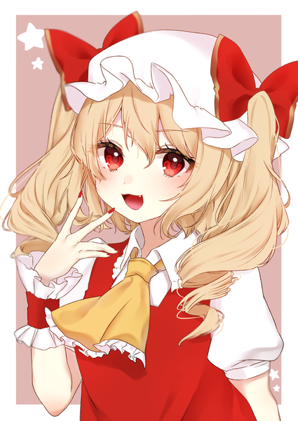 Anime picture 2000x2824 with touhou flandre scarlet shiki (s1k1xxx) single long hair tall image looking at viewer blush highres open mouth blonde hair red eyes twintails upper body nail polish :d drill hair border alternate hairstyle red nail polish