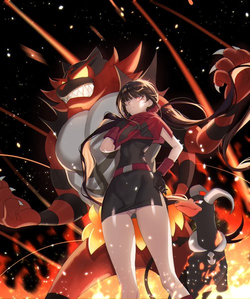 Anime picture 1555x1862 with pokemon dangan ronpa new danganronpa v3 nintendo harukawa maki houndoom incineroar zuizi single long hair tall image fringe light erotic black hair red eyes standing twintails looking away blunt bangs hair over one eye