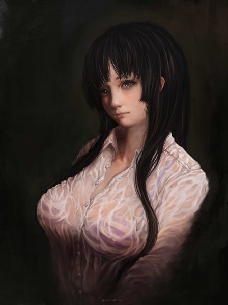 Anime picture 3508x4692 with k-on! kyoto animation akiyama mio kuon (kwonchanji) single long hair tall image looking at viewer highres light erotic black hair absurdres black eyes realistic dark background wet clothes wet shirt hime cut girl shirt