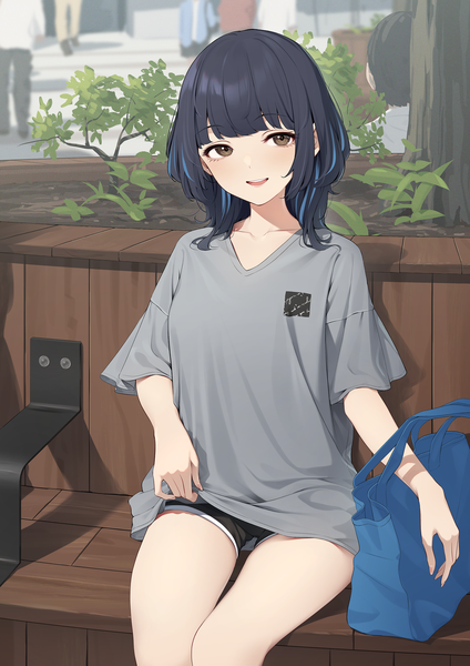 Anime picture 1592x2251 with original kanpa (campagne 9) single tall image looking at viewer fringe short hair black hair sitting brown eyes outdoors multicolored hair streaked hair solo focus girl plant (plants) shorts short shorts t-shirt