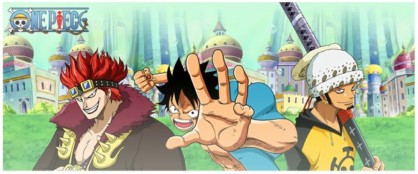 Anime picture 1149x480 with one piece toei animation monkey d. luffy trafalgar law eustass kid tekilazo short hair open mouth black hair smile red eyes wide image red hair black eyes inscription grey eyes grin piercing coloring light