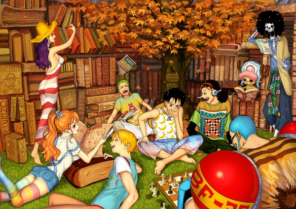 Anime picture 1500x1060 with one piece toei animation nami (one piece) monkey d. luffy nico robin roronoa zoro sanji tony tony chopper usopp franky brook (one piece) an ri long hair fringe short hair breasts open mouth black hair blonde hair smile