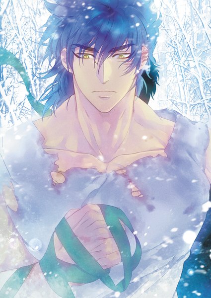 Anime picture 708x1000 with toriko toriko (character) akio (mememe) single tall image fringe short hair hair between eyes yellow eyes blue hair upper body wind torn clothes looking down snowing winter eyebrows boy ribbon (ribbons) plant (plants)
