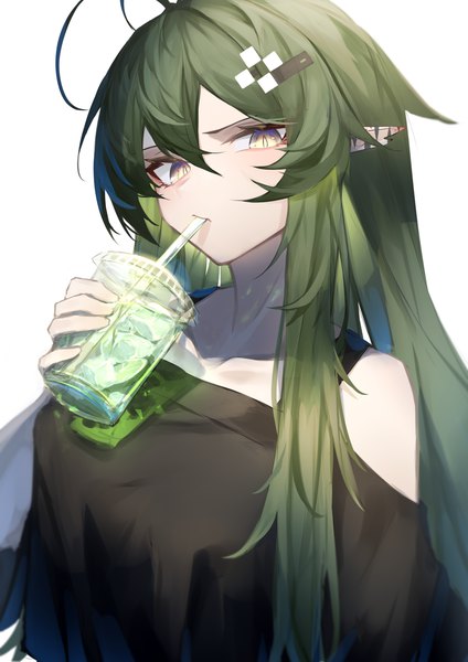 Anime picture 1000x1414 with arknights gavial (arknights) ozeu0916 single long hair tall image looking at viewer fringe breasts hair between eyes bare shoulders holding yellow eyes payot upper body ahoge green hair pointy ears alternate costume drinking