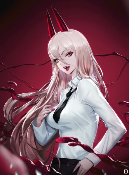 Anime picture 1280x1738 with chainsaw man mappa power (chainsaw man) paul (shiramune) single long hair tall image looking at viewer fringe breasts open mouth simple background blonde hair hair between eyes large breasts standing long sleeves nail polish head tilt :d