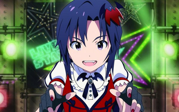 Anime picture 1920x1200 with idolmaster kikuchi makoto single looking at viewer highres short hair open mouth wide image purple eyes blue hair nail polish teeth fang (fangs) my dear vampire girl fingerless gloves
