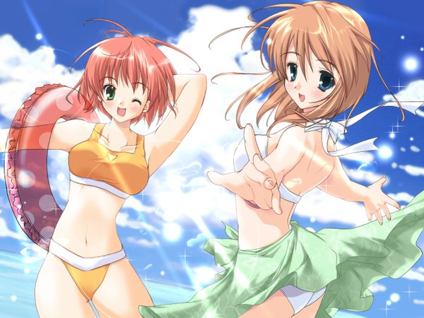 Anime picture 1280x960 with mikeou light erotic smile sky one eye closed wink beach swimsuit bikini swim ring