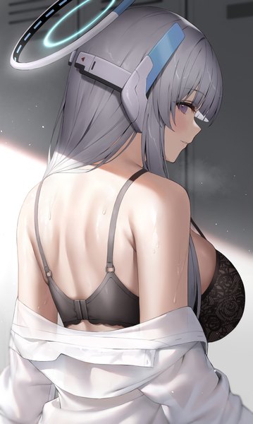 Anime picture 1532x2558 with blue archive noa (blue archive) hibimaru single long hair tall image looking at viewer fringe breasts light erotic large breasts purple eyes silver hair upper body blunt bangs parted lips light smile from behind off shoulder sweat