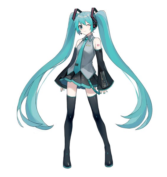 Anime picture 1600x1700 with vocaloid hatsune miku heridy single tall image looking at viewer simple background standing white background twintails full body very long hair one eye closed aqua eyes wink aqua hair zettai ryouiki vocaloid boxart pose girl detached sleeves