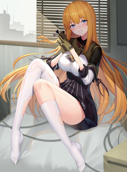Anime picture 1000x1361 with ash arms ririko (zhuoyandesailaer) single long hair tall image looking at viewer blush fringe breasts blue eyes light erotic smile large breasts sitting full body bent knee (knees) indoors parted lips head tilt orange hair
