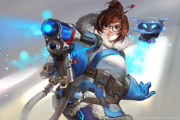 Anime picture 1600x1067 with overwatch blizzard entertainment mei (overwatch) snowball (overwatch) claparo-sans single short hair brown hair brown eyes looking away grey background hair bun (hair buns) fur trim light girl gloves weapon glasses hairclip fur