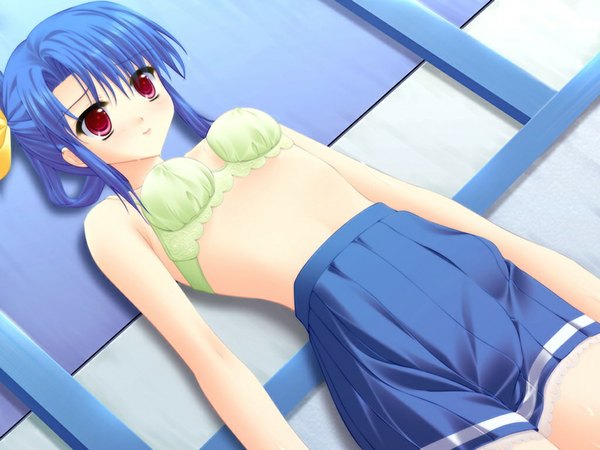 Anime picture 1024x768 with underbar summer ebizuka shino light erotic red eyes blue hair game cg girl