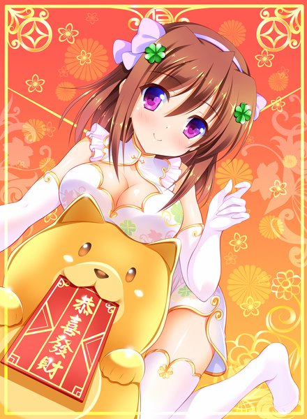 Anime picture 1100x1500 with original bashen chenyue single tall image looking at viewer blush fringe short hair breasts light erotic hair between eyes brown hair purple eyes cleavage traditional clothes border chinese clothes cleavage cutout kikumon girl