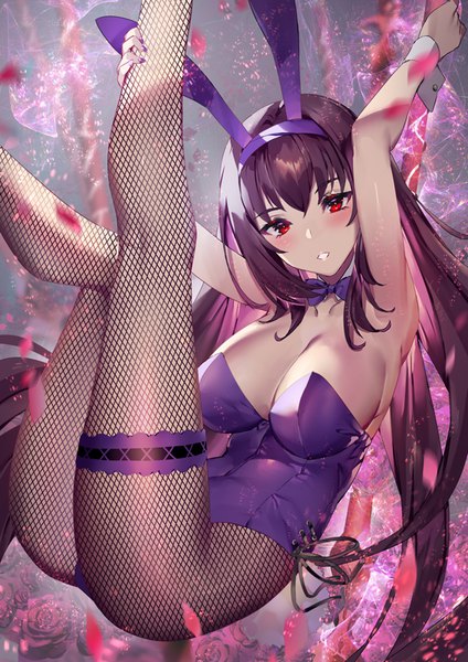 Anime picture 566x800 with fate (series) fate/grand order scathach (fate) (all) scathach (fate) scathach (piercing bunny) (fate) yoshimoto (dear life) single long hair tall image looking at viewer blush breasts light erotic red eyes brown hair large breasts animal ears bunny ears fake animal ears leg hold