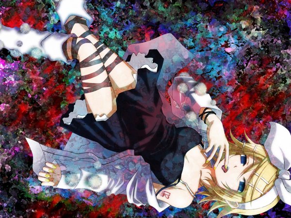Anime picture 1280x960 with vocaloid kagamine rin kuromayu single short hair blue eyes blonde hair finger to mouth girl dress hair ornament hairband hairclip