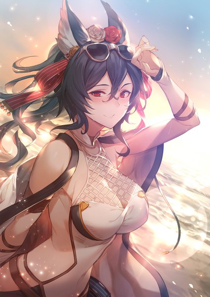 Anime picture 1414x2000 with granblue fantasy ilsa (granblue fantasy) kakage single long hair tall image looking at viewer blush fringe breasts light erotic black hair smile hair between eyes red eyes large breasts standing animal ears sky cleavage