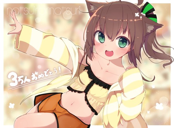 Anime picture 3740x2750 with virtual youtuber hololive natsuiro matsuri natsuiro matsuri (matsuri's day off) okota mikan single long hair looking at viewer fringe highres open mouth light erotic smile hair between eyes brown hair green eyes animal ears absurdres ahoge long sleeves