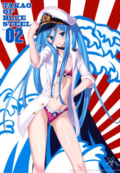 Anime picture 2420x3485 with aoki hagane no arpeggio takao (aoki hagane no arpeggio) mutsumi masato single long hair tall image looking at viewer blush highres blue eyes light erotic hair between eyes twintails blue hair scan girl navel swimsuit bikini peaked cap