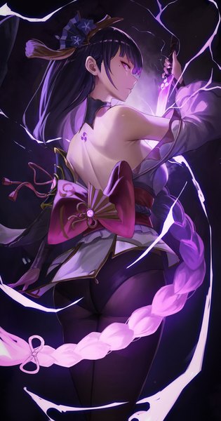 Anime picture 3480x6636 with genshin impact raiden shogun black c (net dust) single tall image looking at viewer fringe highres breasts light erotic simple background large breasts standing purple eyes holding absurdres purple hair braid (braids) very long hair nail polish