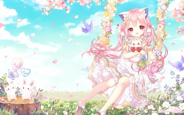 Anime picture 3059x1920 with original mini single long hair looking at viewer blush fringe highres open mouth smile red eyes sitting twintails holding signed animal ears pink hair sky cloud (clouds) full body