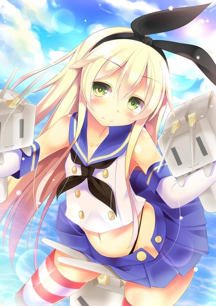 Anime picture 1416x2000 with kantai collection shimakaze destroyer rensouhou-chan yasironokami (artist) long hair tall image looking at viewer blush light erotic blonde hair bare shoulders green eyes cloud (clouds) bunny ears girl thighhighs gloves navel miniskirt elbow gloves