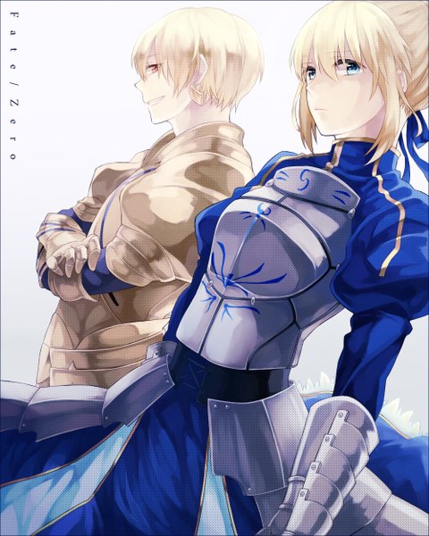 Anime picture 1000x1250 with fate (series) fate/stay night fate/zero studio deen artoria pendragon (all) saber gilgamesh (fate) wowishi tall image looking at viewer fringe short hair simple background blonde hair smile white background aqua eyes orange eyes crossed arms pale skin