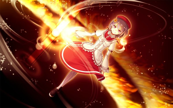 Anime picture 1280x800 with yamiyo ni odore seiranden ai tel-o single short hair smile red eyes brown hair wide image game cg full body grin girl skirt beret fire red skirt