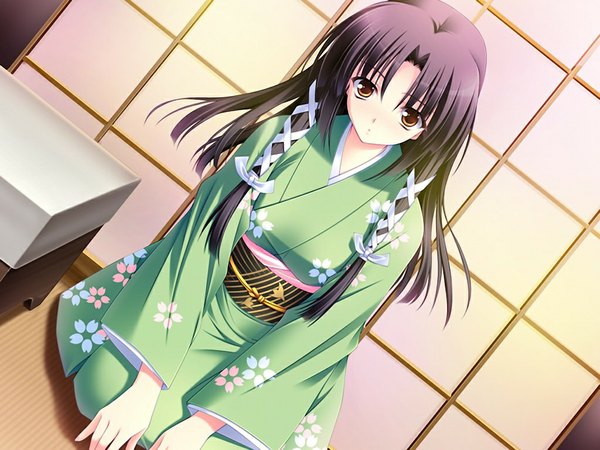 Anime picture 1024x768 with sakura bitmap (game) long hair black hair yellow eyes game cg japanese clothes girl kimono
