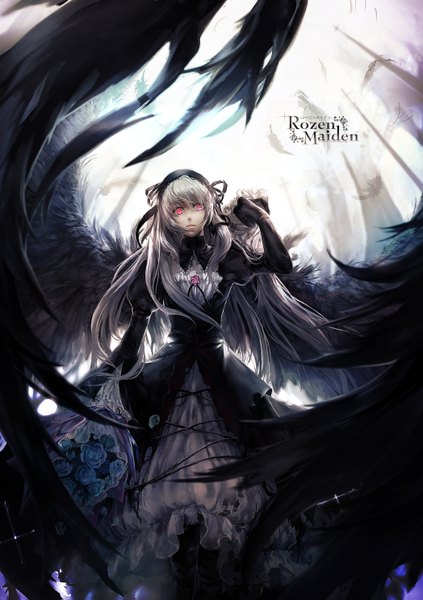 Anime picture 1048x1487 with rozen maiden suigintou kzcjimmy single long hair tall image looking at viewer red eyes silver hair copyright name glowing glowing eye (eyes) black wings girl dress wings boots rose (roses) bouquet blue rose