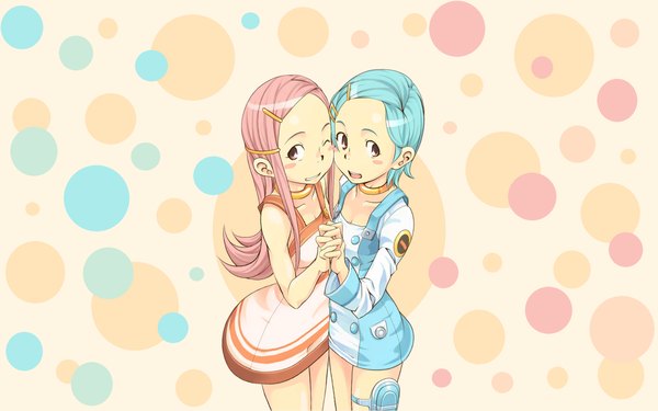 Anime picture 1920x1200 with eureka seven studio bones eureka anemone long hair blush highres short hair open mouth smile wide image standing multiple girls blue hair pink hair one eye closed wink holding hands face to face girl