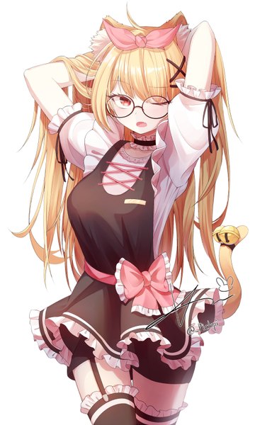 Anime picture 2100x3500 with original pickpi single long hair tall image looking at viewer fringe highres open mouth simple background blonde hair standing white background signed ahoge tail animal tail one eye closed wink short sleeves