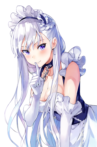Anime picture 998x1500 with azur lane belfast (azur lane) nanotaro single long hair tall image blush fringe breasts simple background smile large breasts white background purple eyes cleavage silver hair maid leaning leaning forward finger to mouth