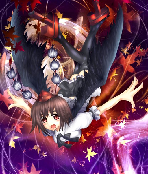 Anime picture 1705x2000 with touhou shameimaru aya mamuru tall image blush highres short hair open mouth red eyes brown hair black wings girl thighhighs black thighhighs wings leaf (leaves)