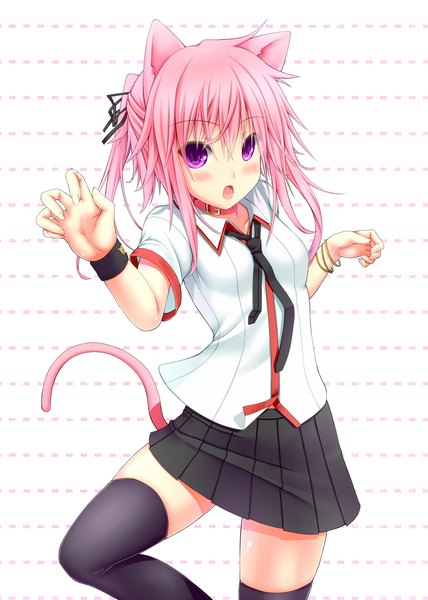 Anime picture 857x1200 with original shouyan single tall image looking at viewer blush short hair open mouth purple eyes animal ears pink hair tail animal tail cat ears cat girl cat tail girl thighhighs skirt black thighhighs