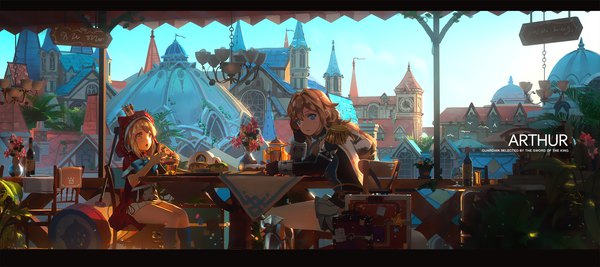 Anime picture 2048x912 with million arthur (series) han-gyaku-sei million arthur square enix renkin arthur danchou arthur ibara dance long hair looking at viewer highres blue eyes wide image multiple girls brown eyes looking away copyright name city letterboxed cityscape chin rest girl