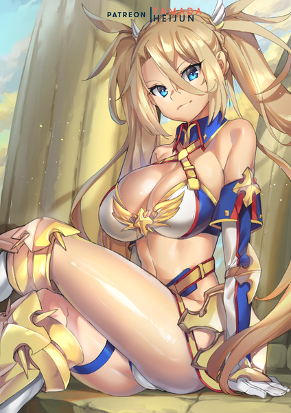Anime picture 2480x3508 with fate (series) fate/grand order bradamante (fate/grand order) tamada heijun single long hair tall image looking at viewer fringe highres breasts blue eyes light erotic blonde hair hair between eyes large breasts sitting twintails bare shoulders signed
