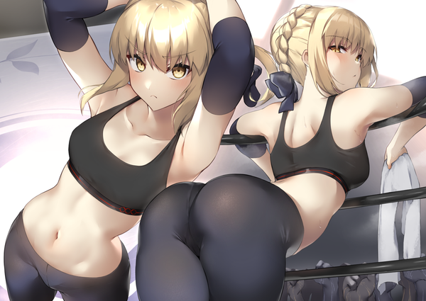 Anime picture 1200x850 with fate (series) fate/grand order fate/stay night artoria pendragon (all) saber alter pinta (ayashii bochi) long hair looking at viewer blush fringe light erotic blonde hair standing holding yellow eyes payot ass braid (braids) looking back arms up