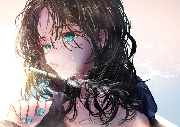 Anime picture 2480x1748 with original beni ttt single long hair fringe highres black hair simple background hair between eyes bare shoulders holding payot looking away upper body nail polish parted lips aqua eyes mole lipstick tears